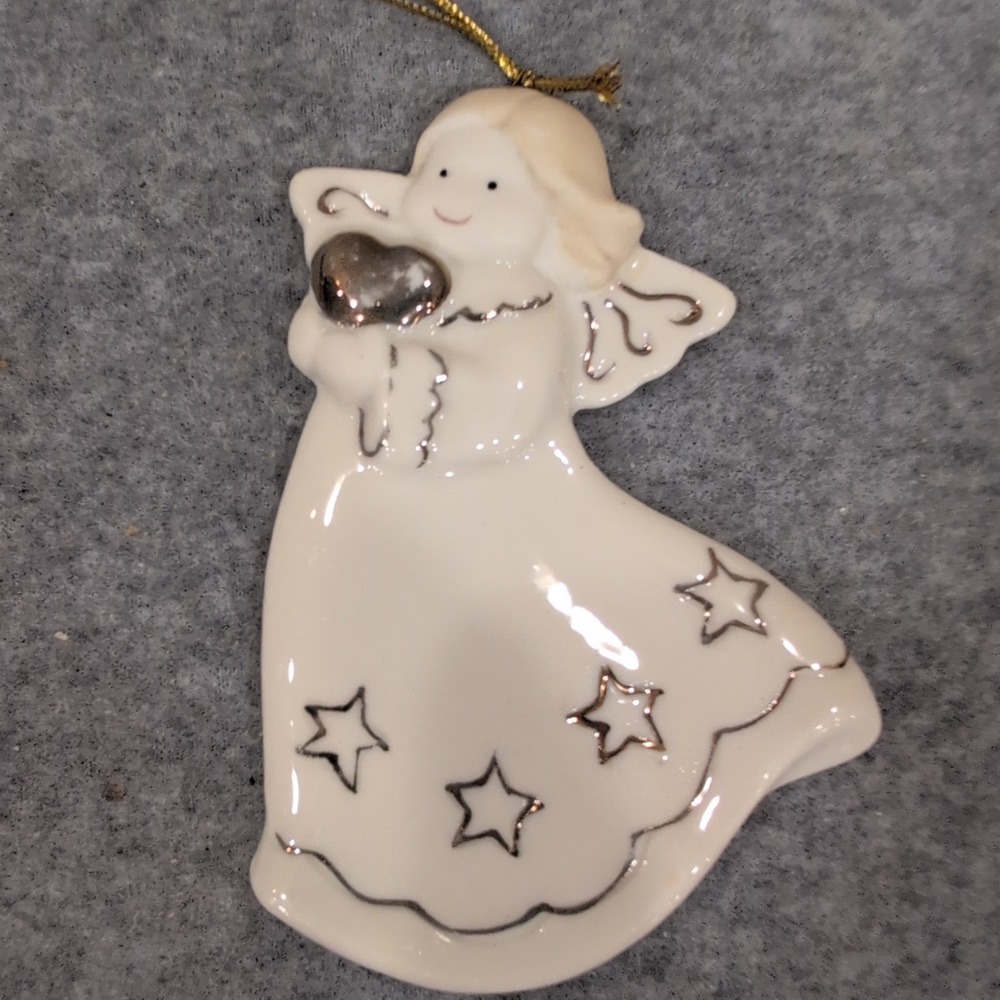 Ceramic Angel Christmas Ornament White Silver Heart Stars Gold Cord Hanging Dcor - Picture 1 of 4